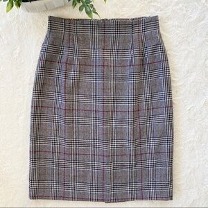 Vintage black red high waist houndstooth plaid wool pencil skirt 8
